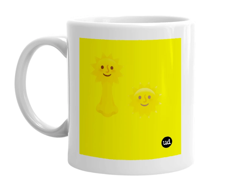 White mug with '🌞 👃🌞' in bold black letters