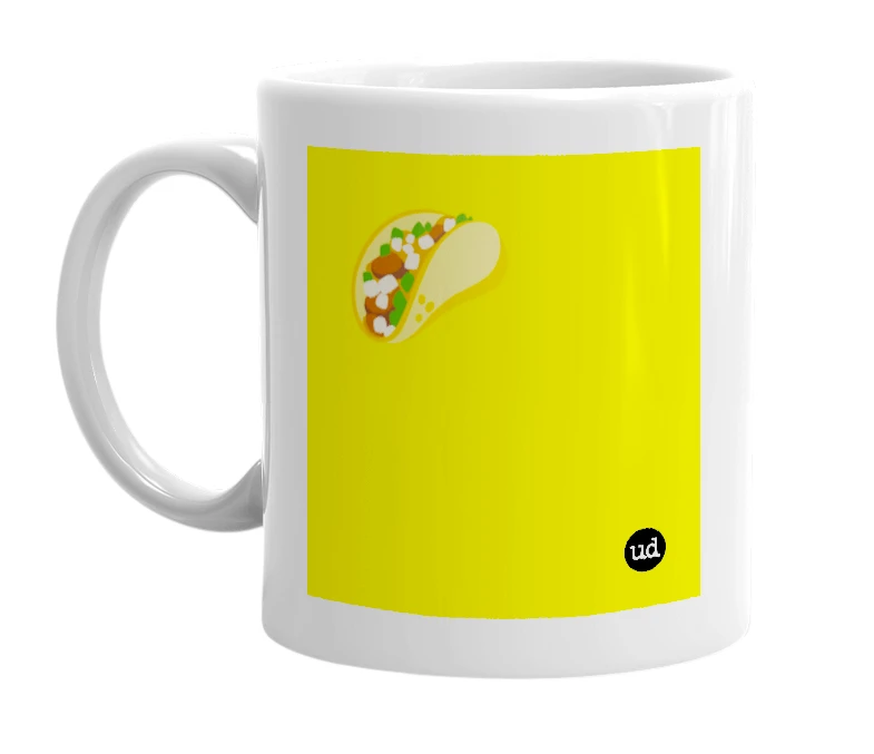 White mug with '🌮' in bold black letters