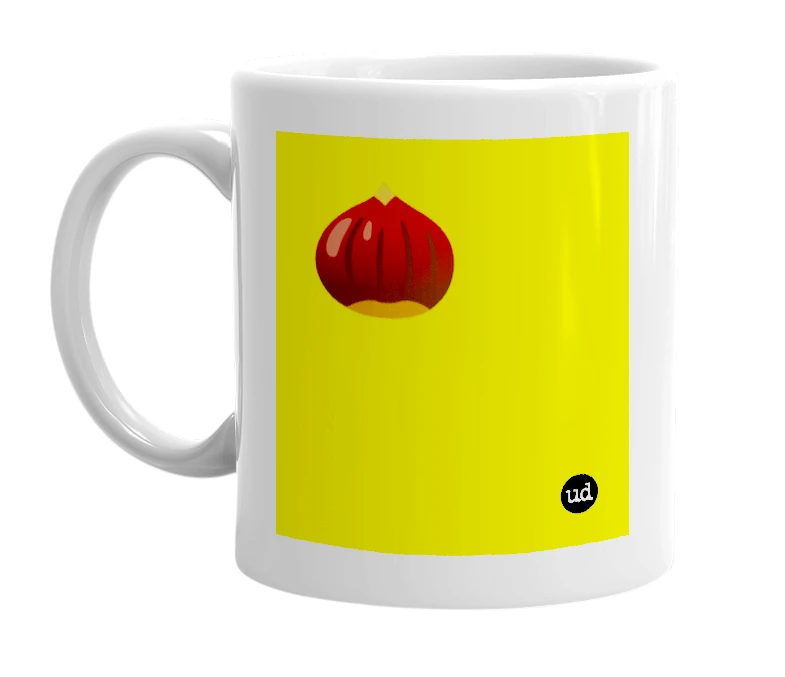 White mug with '🌰' in bold black letters