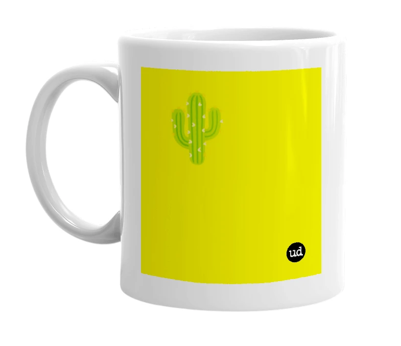 White mug with '🌵' in bold black letters