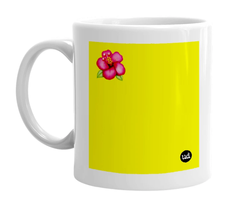 White mug with '🌺' in bold black letters