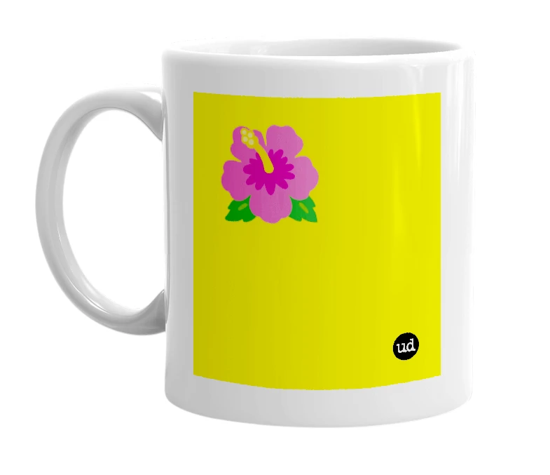 White mug with '🌺' in bold black letters