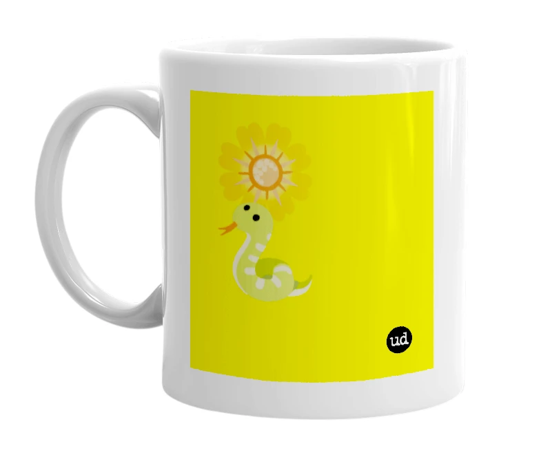 White mug with '🌼🐍' in bold black letters
