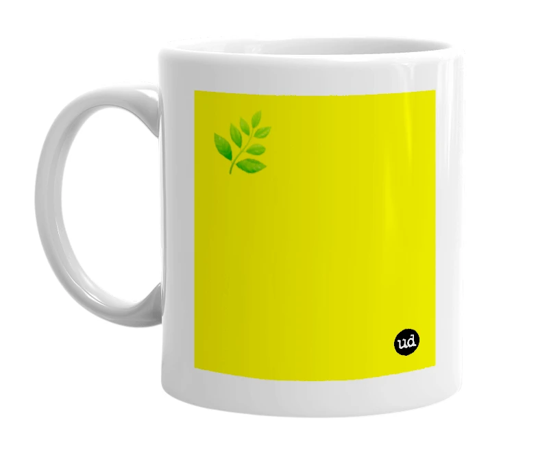 White mug with '🌿' in bold black letters