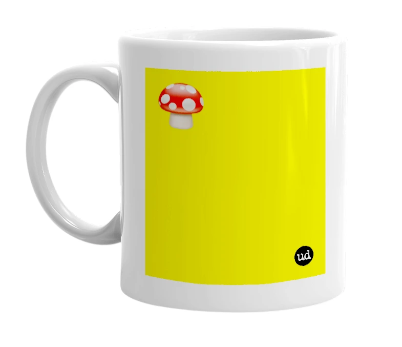 White mug with '🍄' in bold black letters