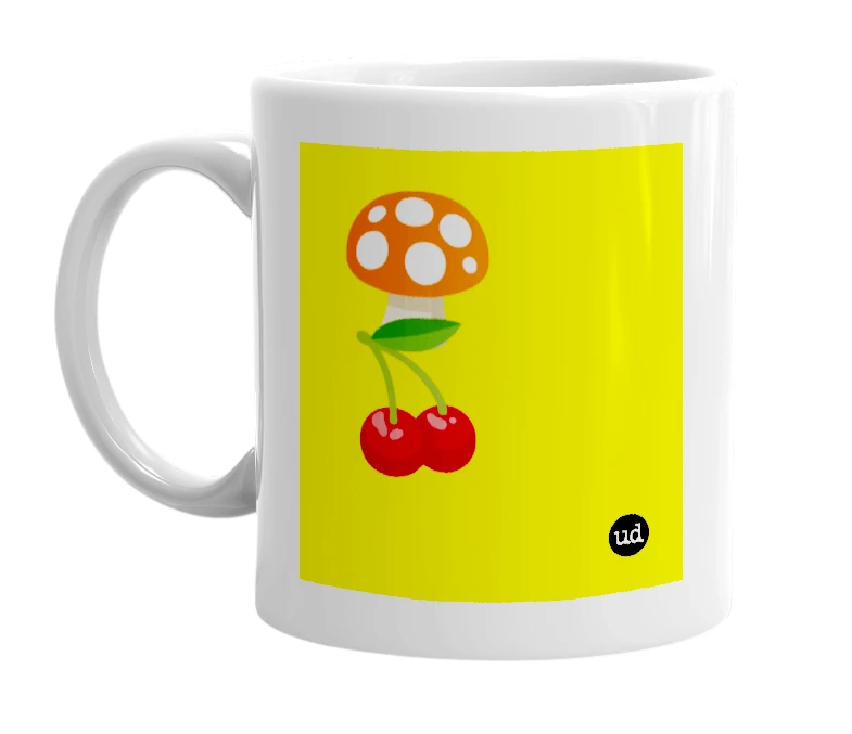 White mug with '🍄🍒' in bold black letters