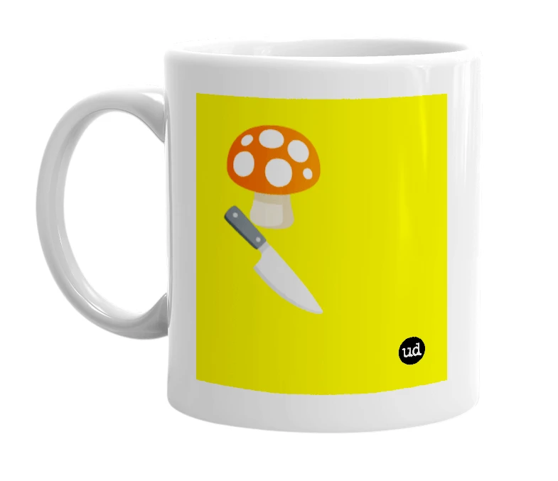 White mug with '🍄🔪' in bold black letters