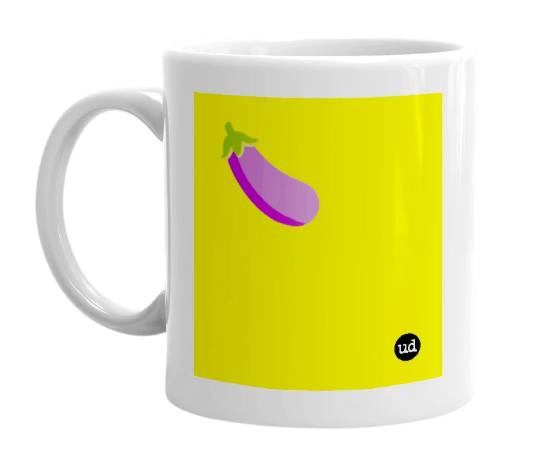 White mug with '🍆' in bold black letters