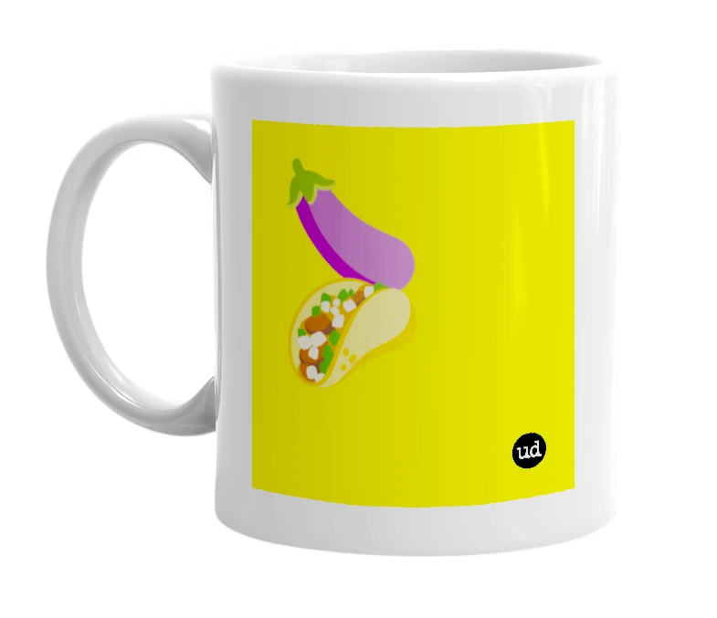 White mug with '🍆🌮' in bold black letters