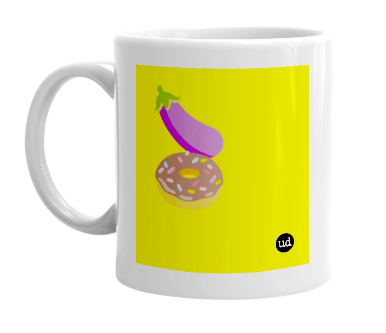 White mug with '🍆🍩' in bold black letters