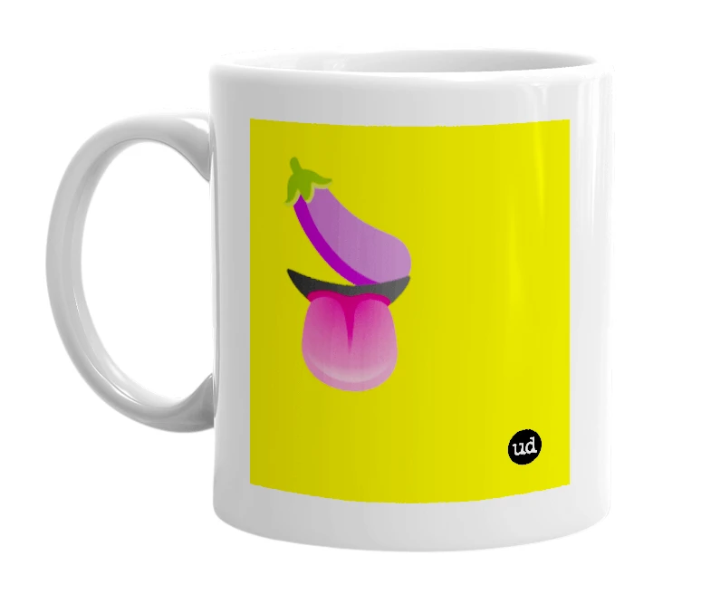 White mug with '🍆👅' in bold black letters