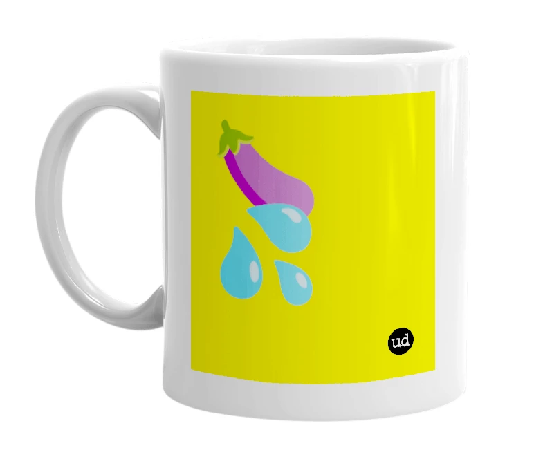 White mug with '🍆💦' in bold black letters