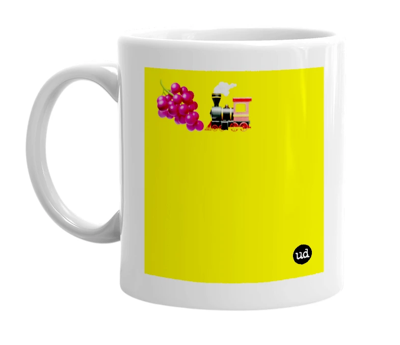 White mug with '🍇🚂' in bold black letters