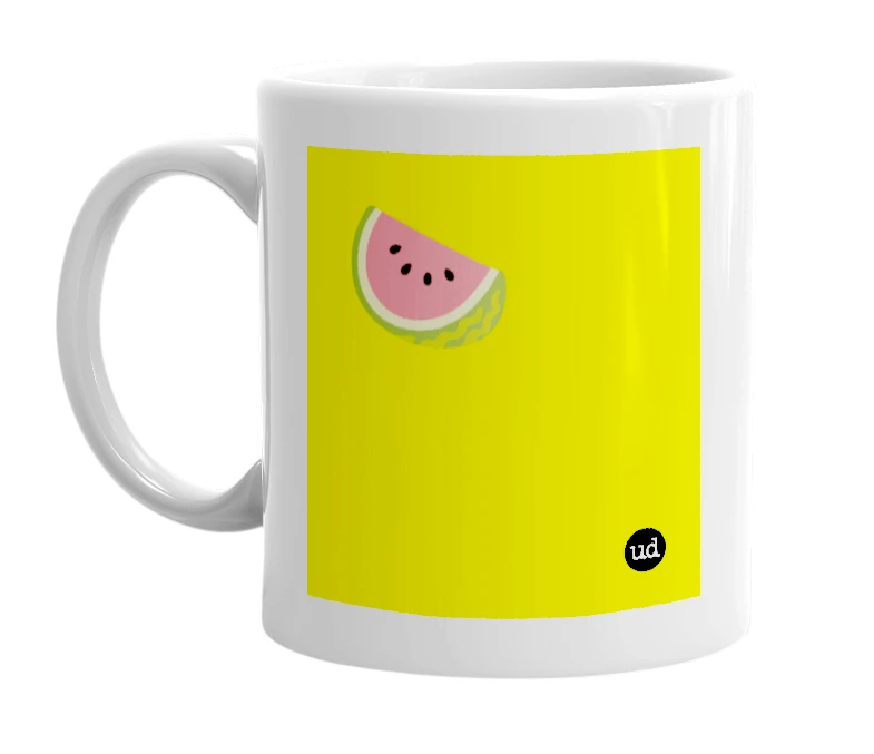 White mug with '🍉' in bold black letters