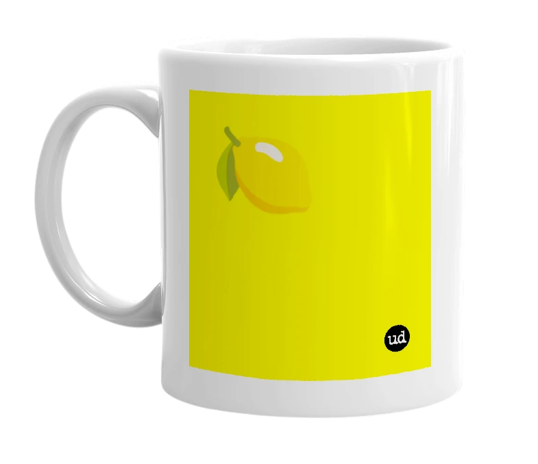 White mug with '🍋' in bold black letters