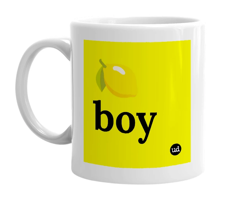 White mug with '🍋 boy' in bold black letters