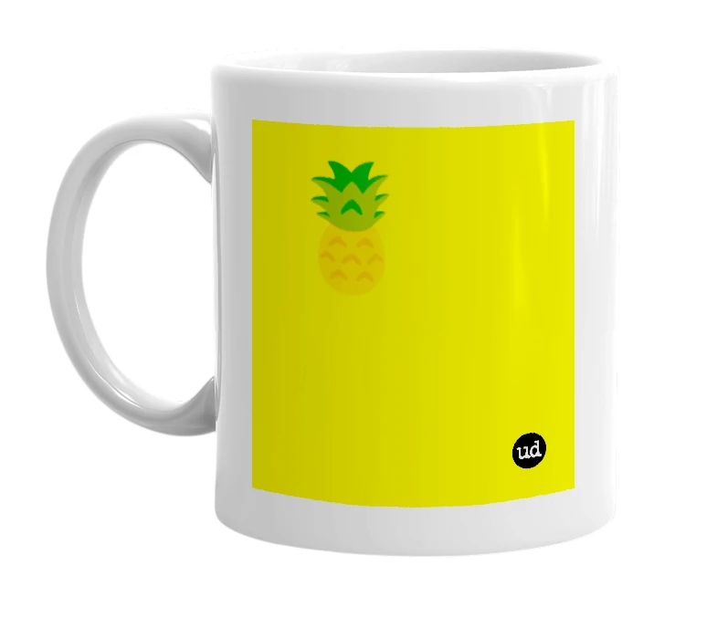 White mug with '🍍' in bold black letters