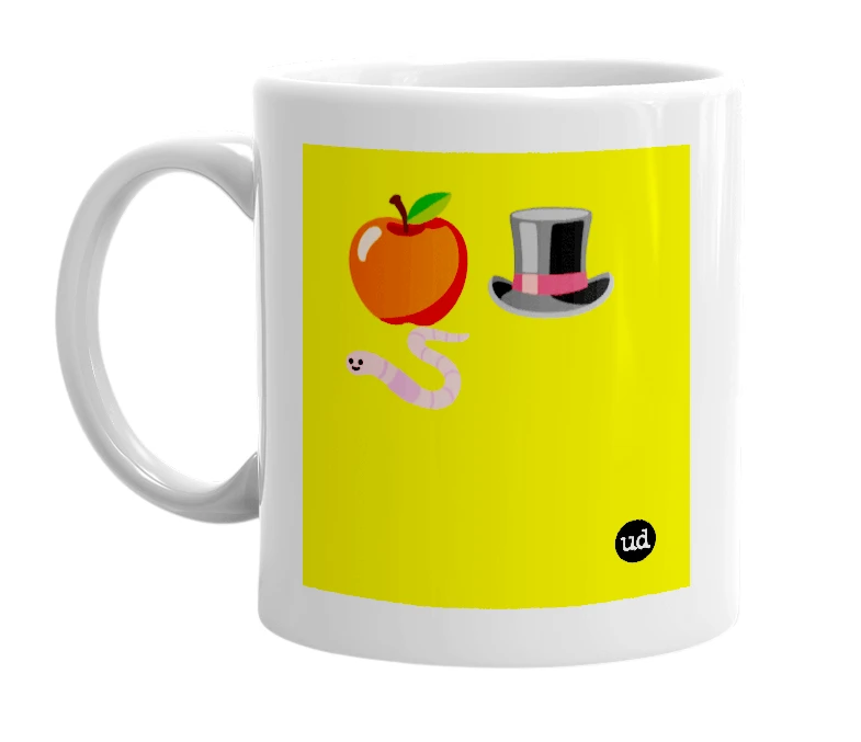 White mug with '🍎🎩🪱' in bold black letters