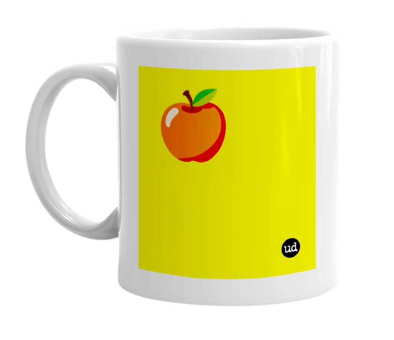 White mug with '🍎' in bold black letters