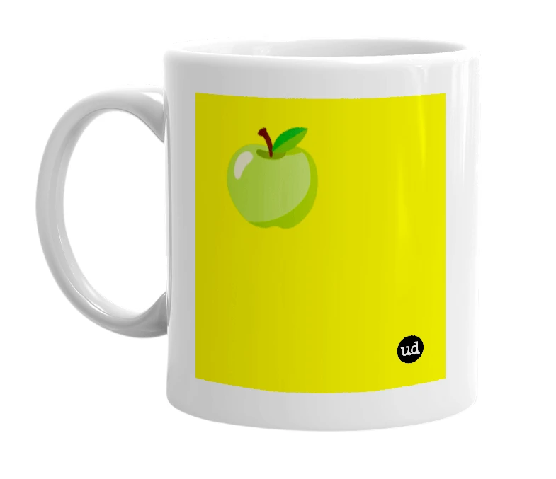 White mug with '🍏' in bold black letters