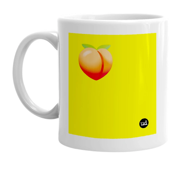 White mug with '🍑' in bold black letters
