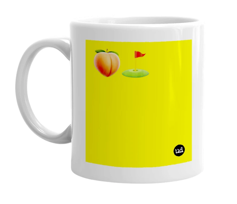 White mug with '🍑⛳' in bold black letters