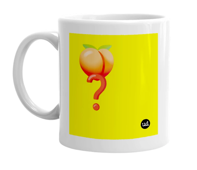 White mug with '🍑❓' in bold black letters