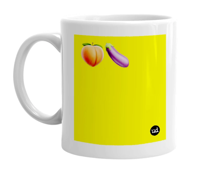 White mug with '🍑🍆' in bold black letters