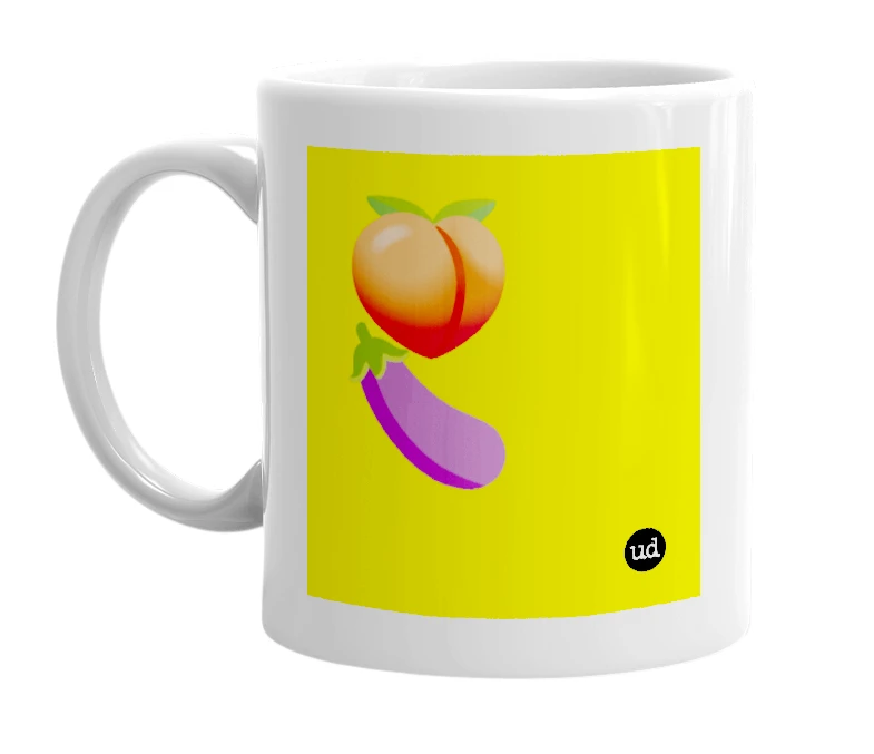 White mug with '🍑🍆' in bold black letters