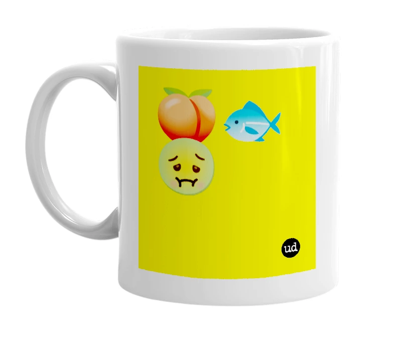 White mug with '🍑🐟🤢' in bold black letters