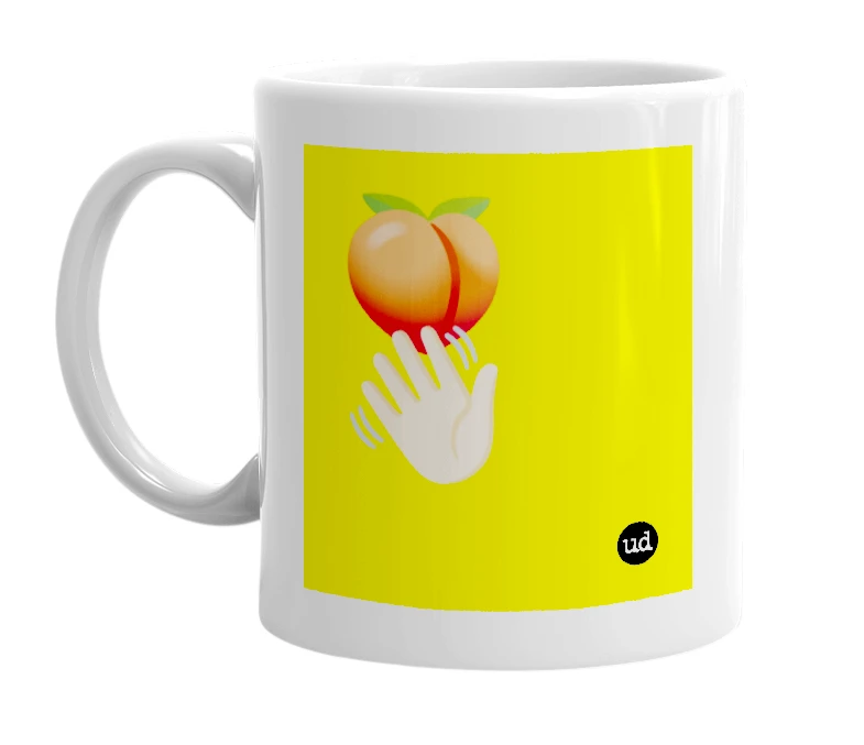 White mug with '🍑👋🏻' in bold black letters