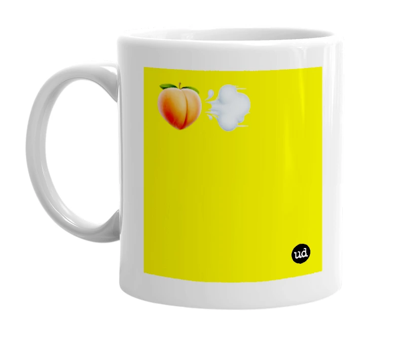 White mug with '🍑💨' in bold black letters