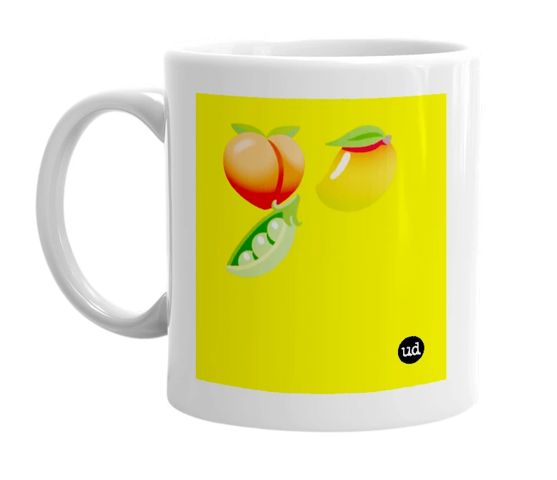 White mug with '🍑🥭🫛' in bold black letters