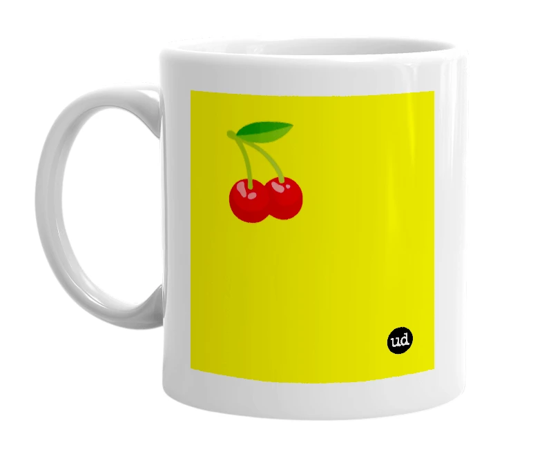 White mug with '🍒' in bold black letters
