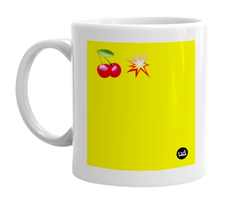 White mug with '🍒💥' in bold black letters