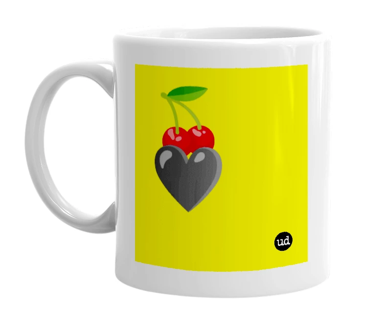 White mug with '🍒🖤' in bold black letters