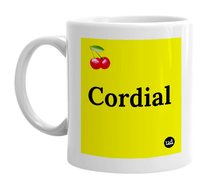 White mug with '🍒 Cordial' in bold black letters