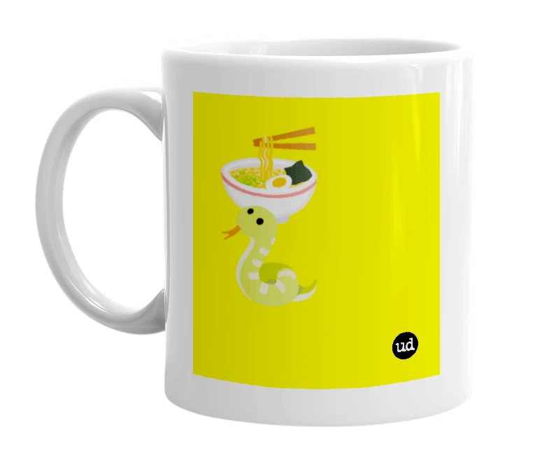 White mug with '🍜🐍' in bold black letters