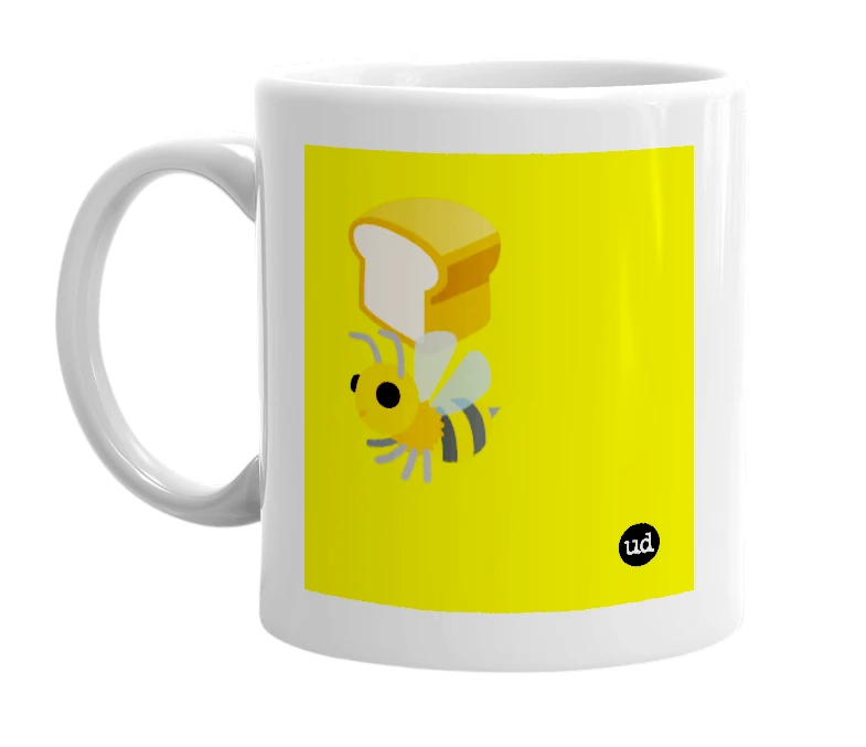 White mug with '🍞🐝' in bold black letters