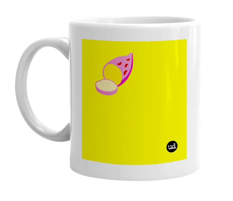 White mug with '🍠' in bold black letters