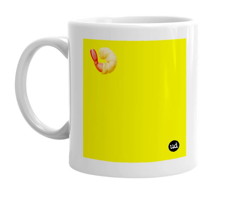 White mug with '🍤' in bold black letters