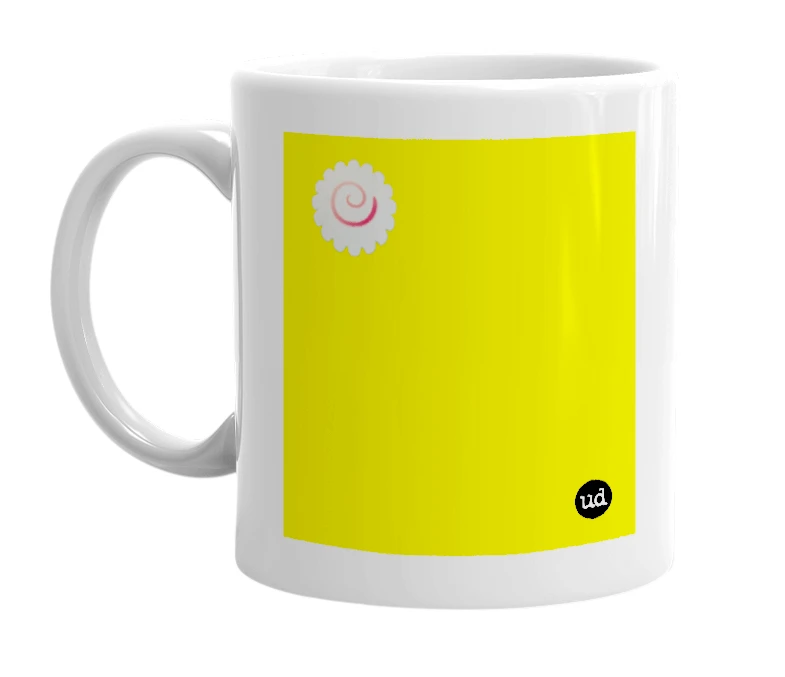 White mug with '🍥' in bold black letters