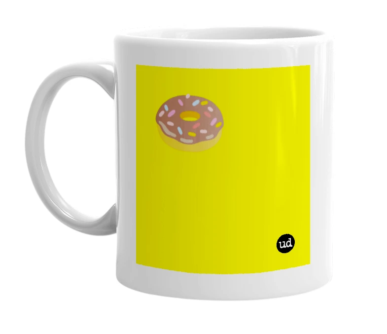 White mug with '🍩' in bold black letters