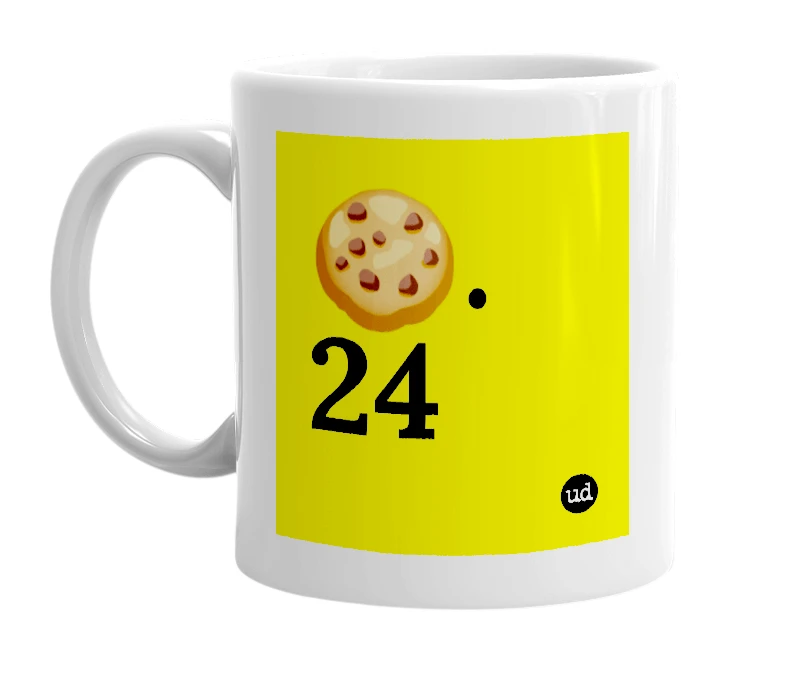 White mug with '🍪.24' in bold black letters