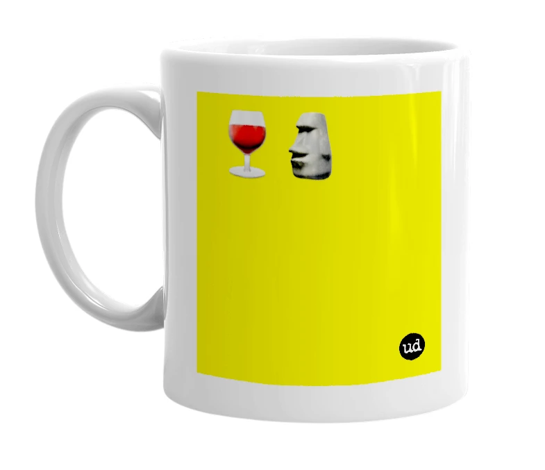 White mug with '🍷🗿' in bold black letters
