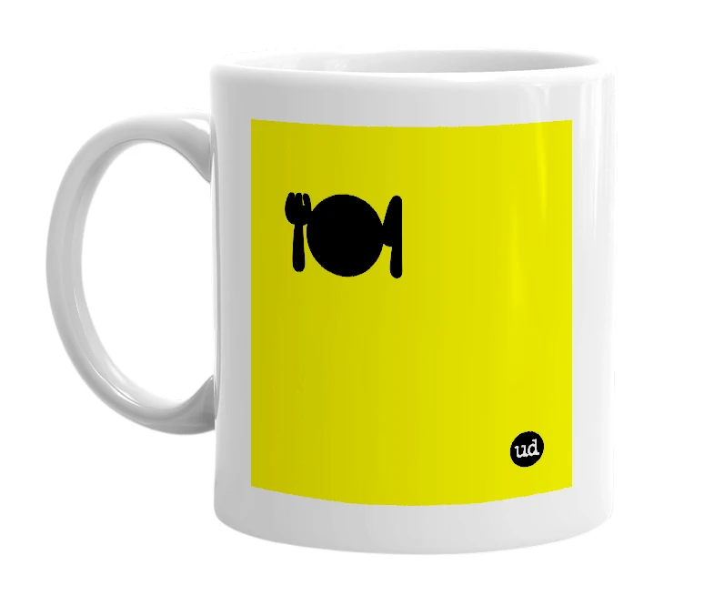 White mug with '🍽' in bold black letters