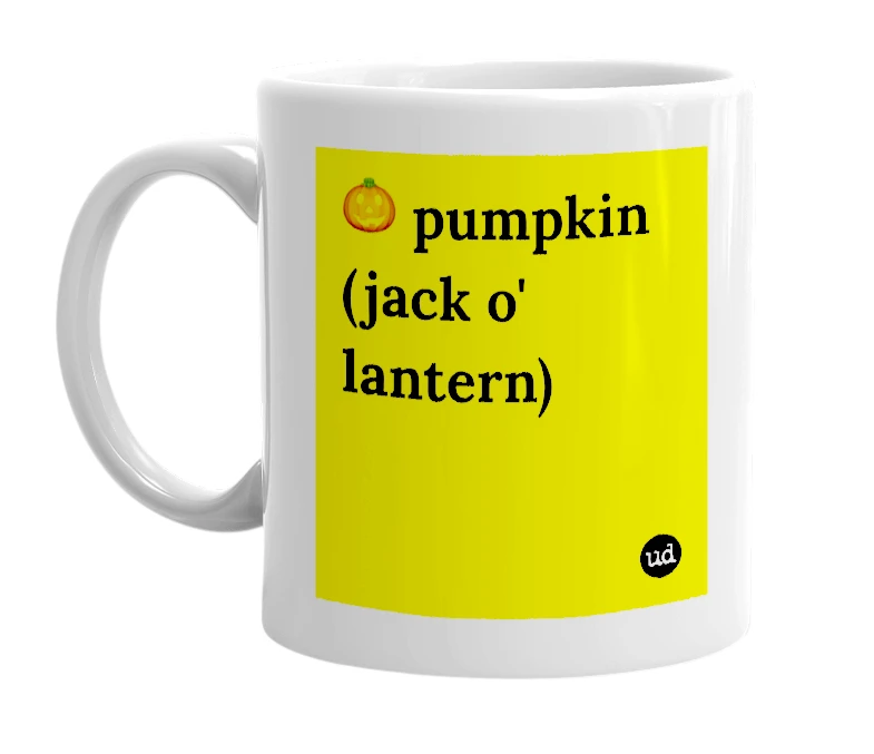 White mug with '🎃 pumpkin (jack o' lantern)' in bold black letters