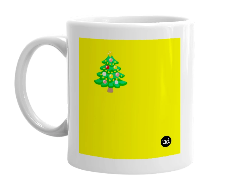 White mug with '🎄' in bold black letters