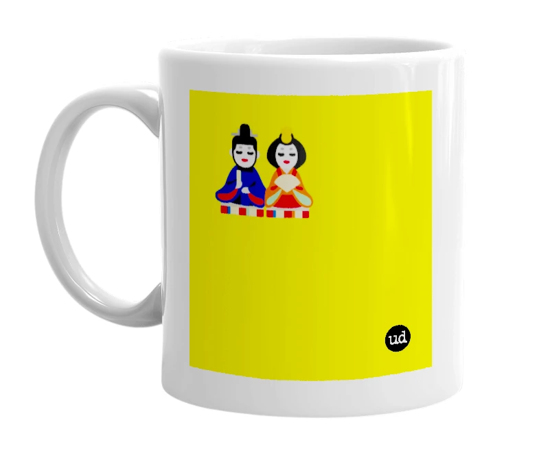 White mug with '🎎' in bold black letters