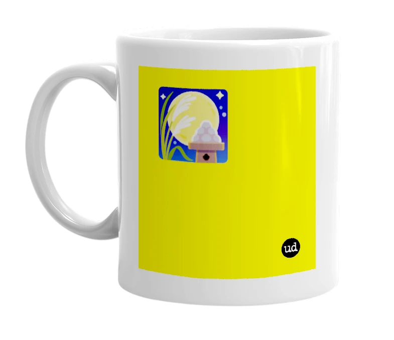 White mug with '🎑' in bold black letters